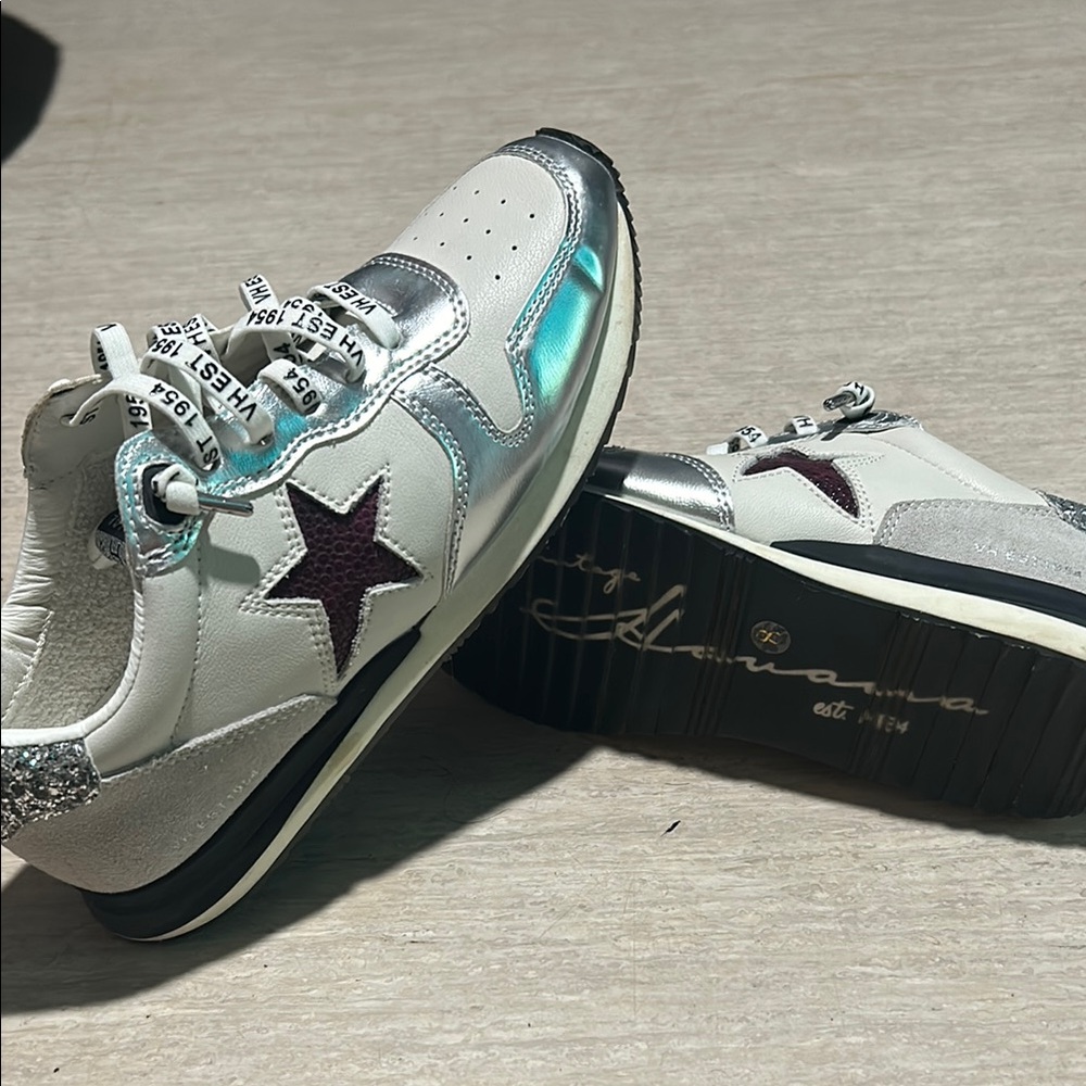Vintage Havana Silver and White Sneakers with Purple Star